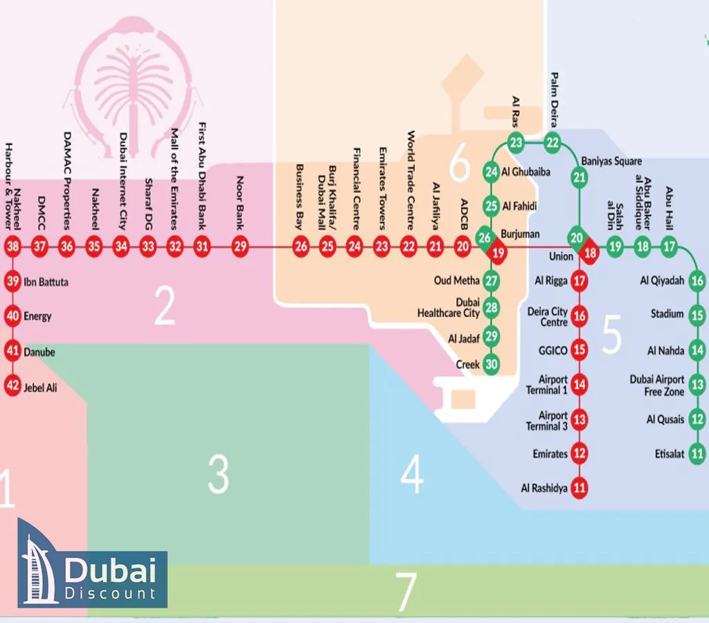 ایستگاه ها و مناطق اصلی مترو شهر دبی(تعداد خطوط)